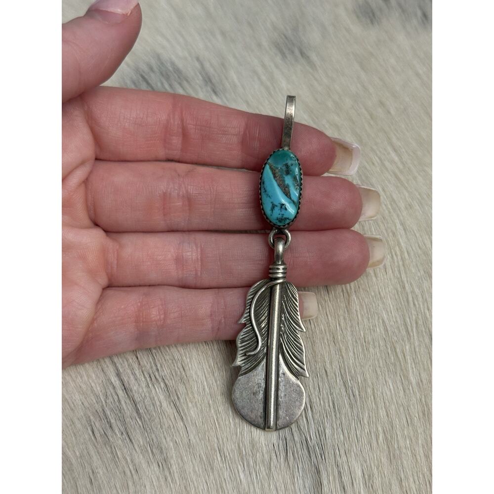 Native American Chris Charley Sterling Silver Turquoise Nugget Feather Pendant